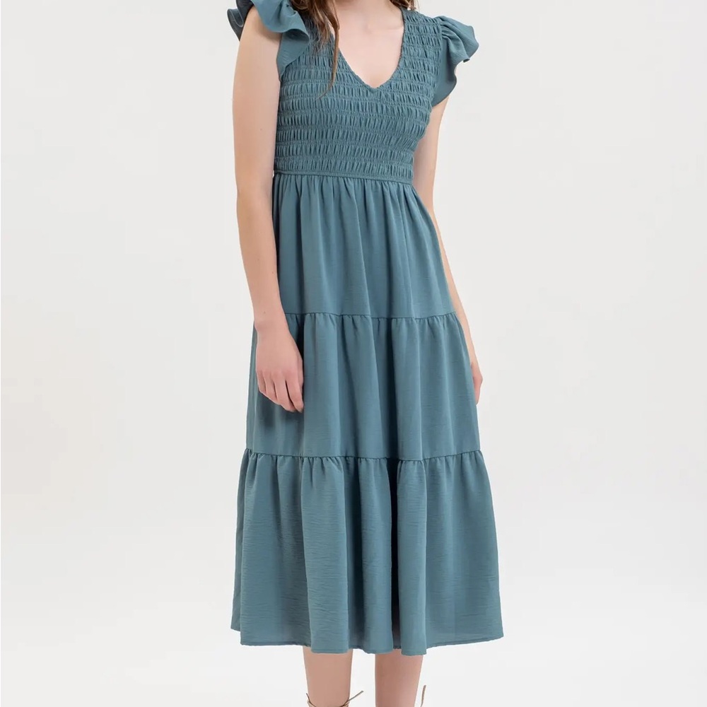 Blu Pepper Teal Smocked Midi Dress